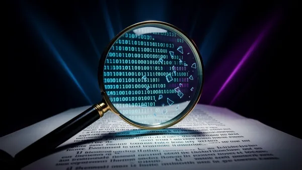 Magnifying glass over text revealing digital code and binary fragments symbolizing AI detection.