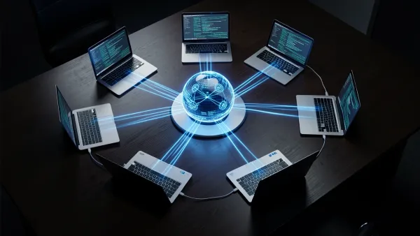 Glowing laptops and desktops connected by blue data streams forming a private AI cluster on a dark desk, representing Nvidia PAIR