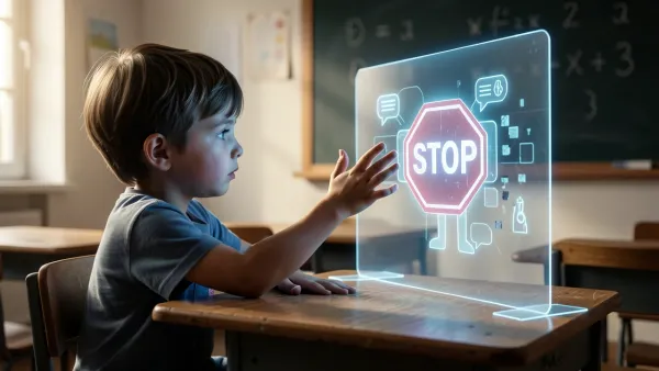 Child reaching toward blocked AI hologram in classroom, symbolizing NYC ban on generative AI for young students.