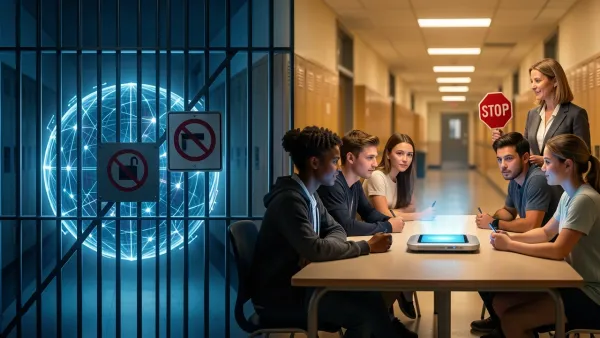 Split composition showing a locked gate blocking an AI orb and high school students with an approved tablet under teacher supervision.