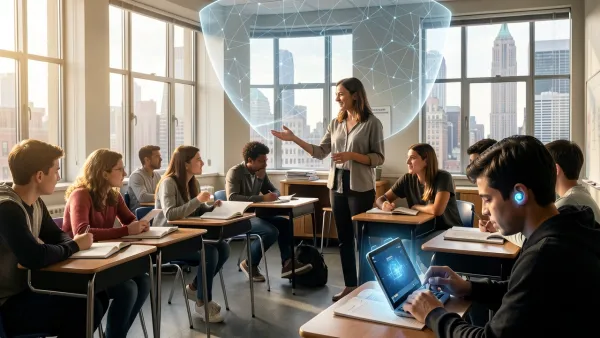 Classroom scene showing a teacher with students, one using assistive AI technology, symbolizing NYC's ban on generative AI with exemptions for disabled students.