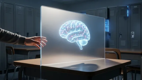 AI hologram in classroom blocked by glass barrier, representing NYC schools policy disabling AI features in software.