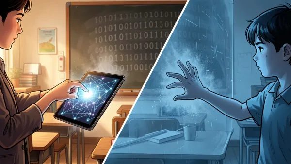 A teacher uses AI while a student is blocked by a digital wall, representing NYC schools AI ban for K-8 students