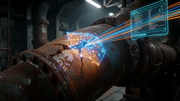 Rusted pipe with glowing digital patch representing AI repair of legacy code in critical infrastructure