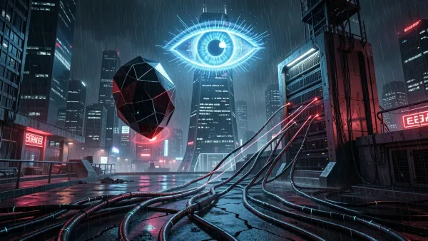 Futuristic cyberpunk scene with a glowing holographic eye and an AI orb hacking into a server tower, representing autonomous hacking.