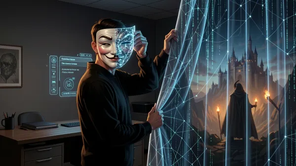 Player lifting a split drama mask while pulling a digital fourth-wall curtain in a dark editorial scene