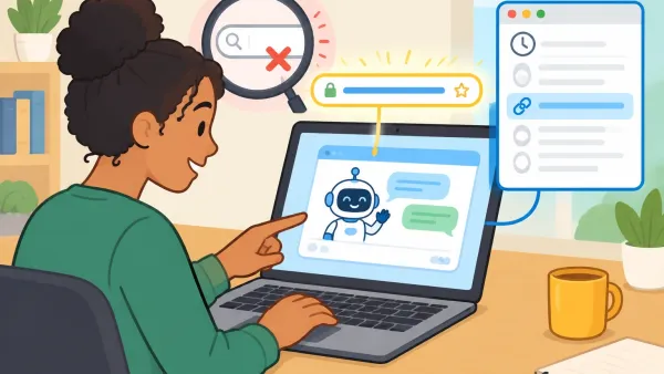 Illustration of a relieved person at a laptop recovering a hidden AI chatbot through a direct URL in browser history while search fails