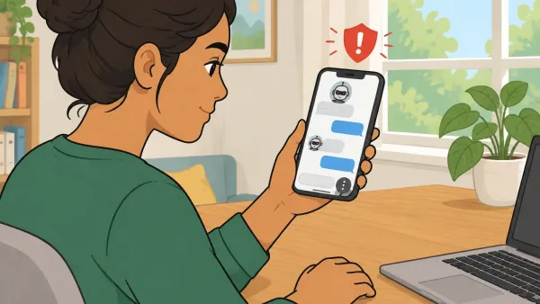 Illustration of a person reporting an inappropriate AI chatbot on their smartphone with a warning shield above the phone