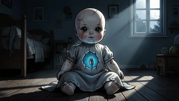 Porcelain doll with cracked face revealing glowing circuit board and hidden microphone in dimly lit bedroom