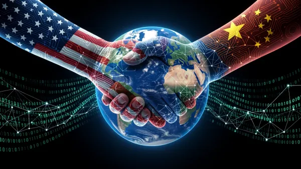 Two semi-digital hands representing US and China shaking hands over a glowing Earth with data streams, symbolizing AI safety cooperation