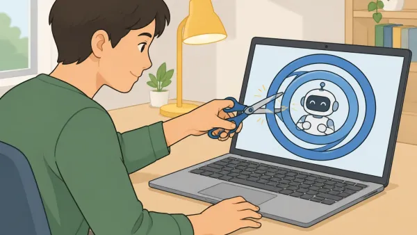 Illustration of a person using scissors to cut a repetitive loop around a chatbot avatar on a laptop screen, symbolizing stopping Character.AI word repetition