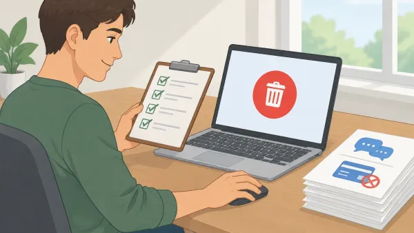 Illustration of a person with a checklist preparing to delete their Character.AI account while saving chat history and canceling subscription