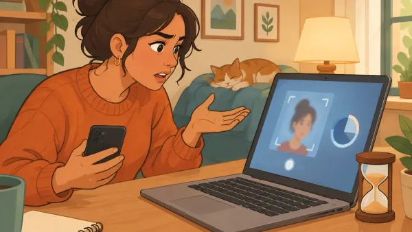 Illustration of a person at a laptop facing a selfie verification prompt with a timer and hourglass, symbolizing Character.AI age checks and daily chat limits.