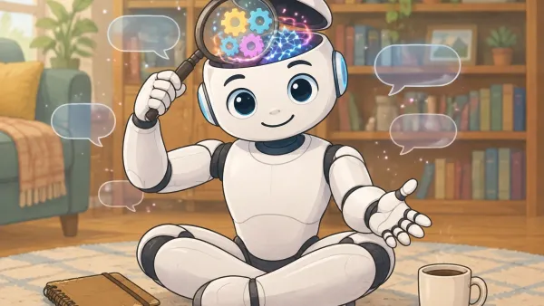 Friendly robot using a magnifying glass to reveal its glowing AI brain, representing Character.AI's proprietary in-house model mystery