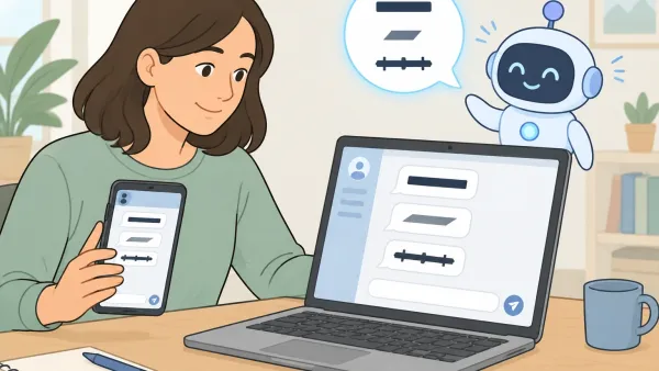 Illustration of a person at a desk with a laptop and smartphone showing chat bubbles with abstract formatting symbols while a friendly robot character displays the same symbols.