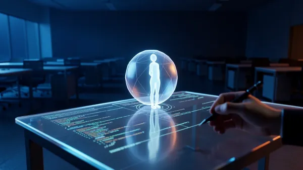 A glowing AI agent as a holographic coworker at a desk in a futuristic shared digital office space.