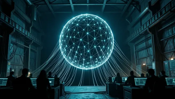 Conceptual image of a coordinated distillation attack on OpenAI's ChatGPT model, showing cables extracting data from a neural network